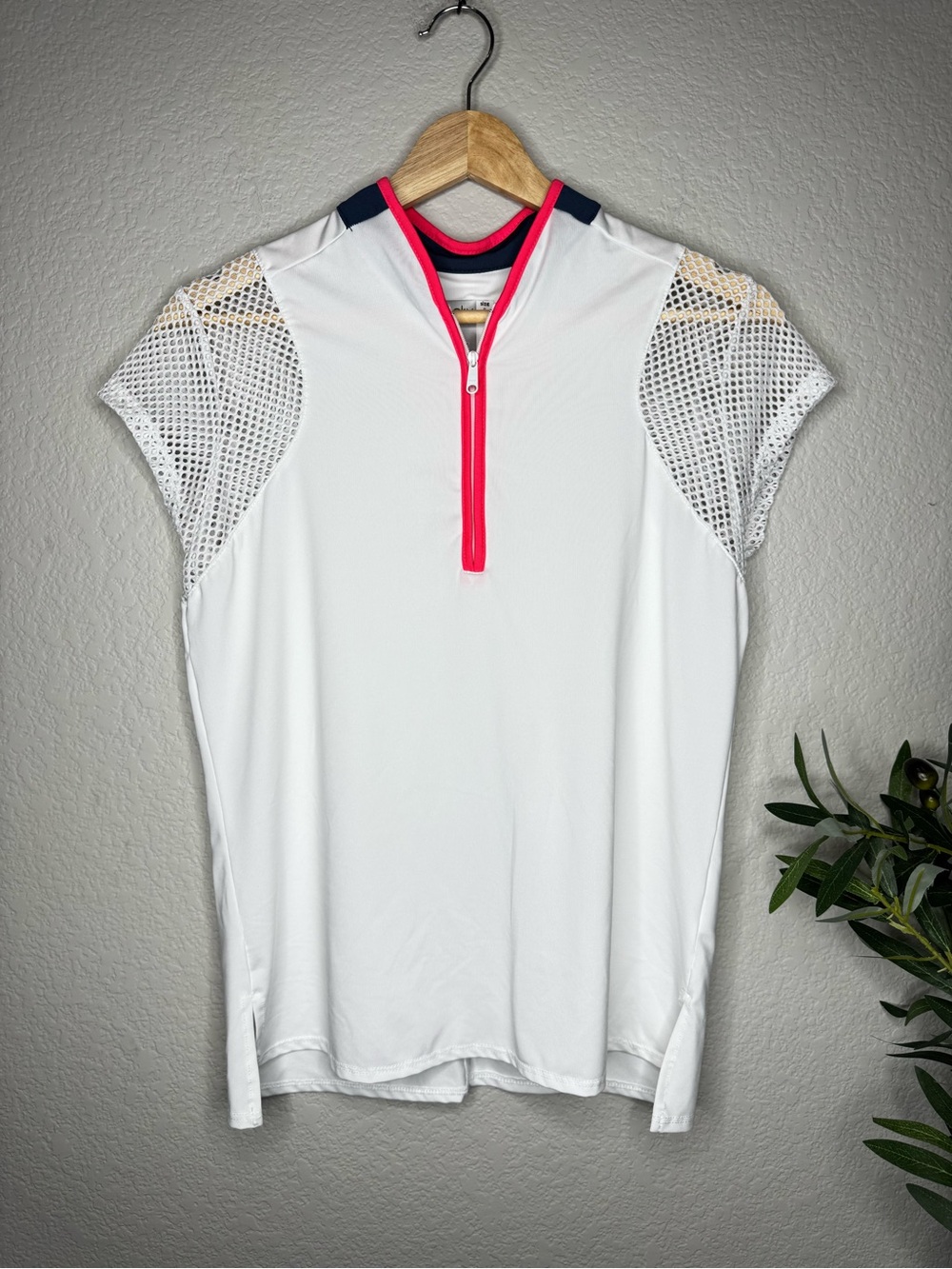 Lucky in Love White Athletic Top with Hot Pink Trim and Navy Accents